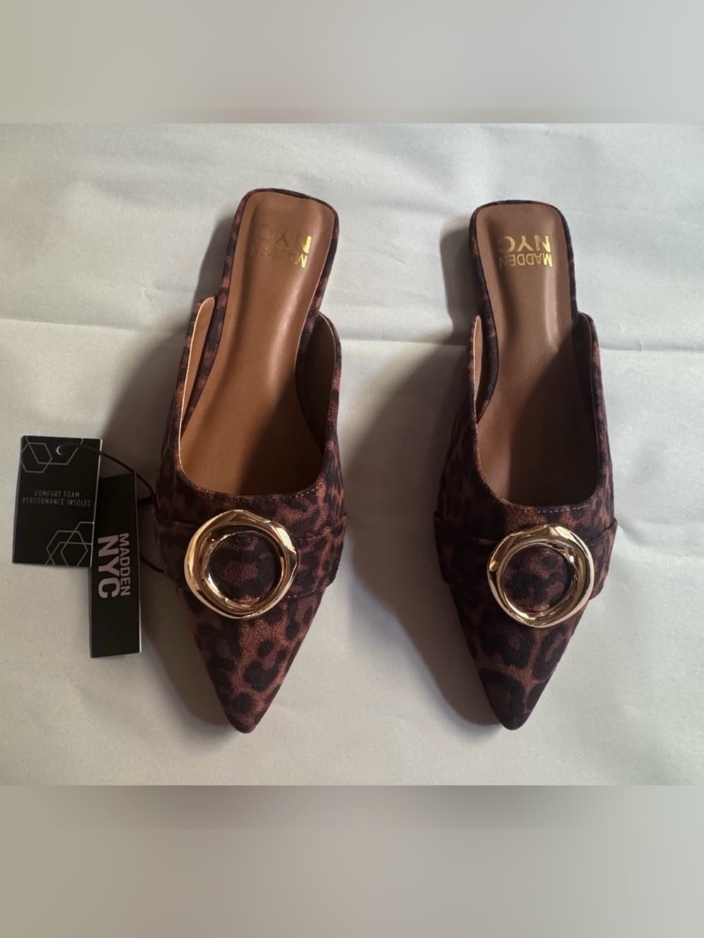 Madden NYC Leopard-Print
Pointed Toe Mules with Gold Ring Accent - Brown